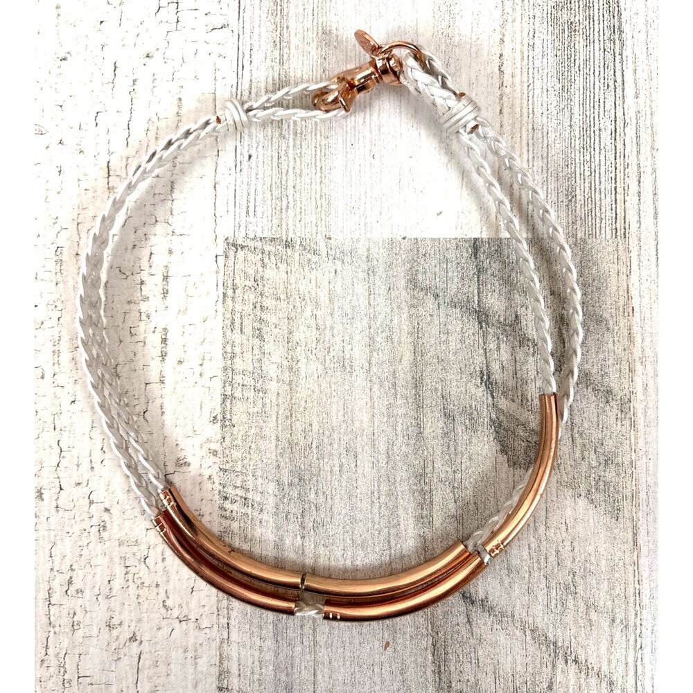 Lizzy James Womens White Braided Leather Rose Gold 15" Necklace Casual Chic